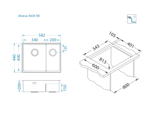 Мойка для кухни Alveus NOX 90L BRS 582x440x200 левая 1149934