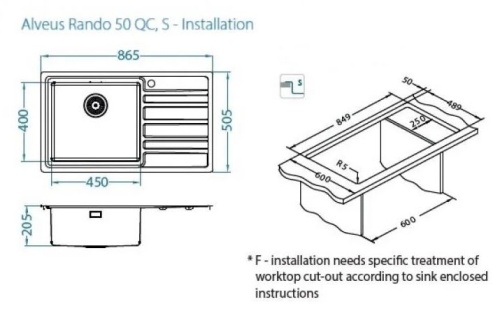 Мойка для кухни Alveus RANDO 50R SAT FS 860x500 правая 1149731