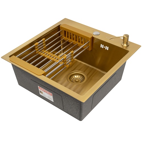 Комплект Arfeka Eco AR мойка 500*500, коландер, дозатор gold
