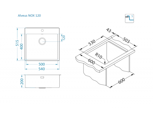 Мойка для кухни Alveus NOX 120 BRS 540x515x200 1149937