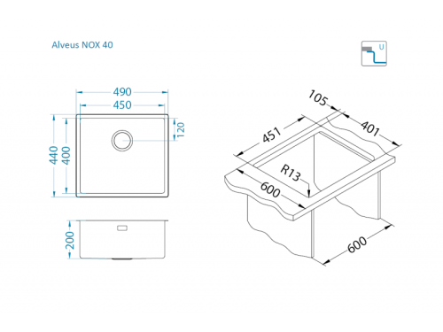 Мойка для кухни Alveus NOX 40 BRS 490x440x200 1149925