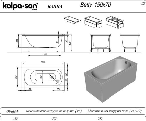 Ванна акриловая Kolpa-San Betty 150x70+каркас