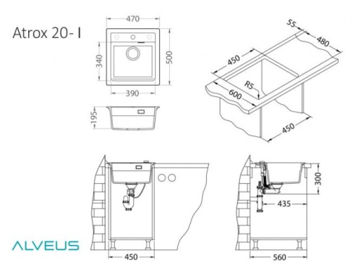 Мойка для кухни Alveus Granital ATROX 20 CARBON - G91 470x500 1131990