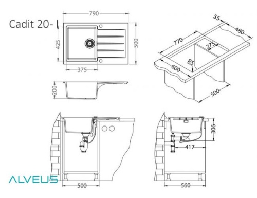 Мойка для кухни Alveus Granital CADIT 20 CARBON - G91 790x500 1148159