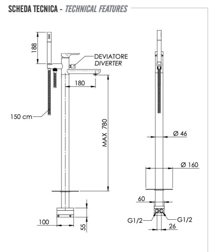 Смеситель для ванны Remer Infinity I08DO, золото глянцевое
