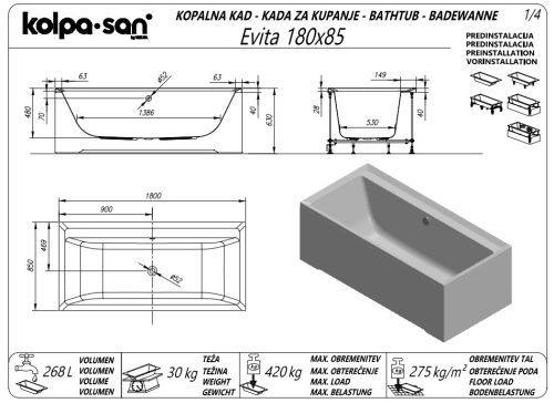 Ванна акриловая Kolpa-San Evita 180Х85