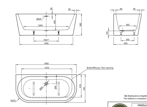 Ванна акриловая Knief Wall XS 0100-255(06S)
