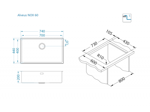 Мойка для кухни Alveus NOX 60 BRS 740x440x200 1149927