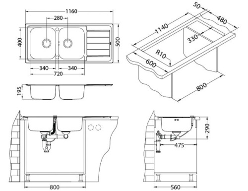 Мойка для кухни Alveus LINE MAXIM 100 SAT 90 1165x505 FS 1092001