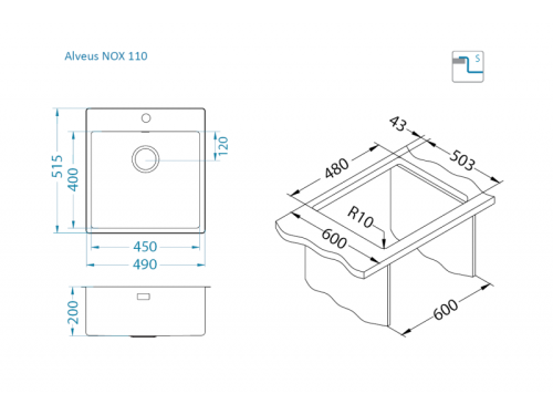 Мойка для кухни Alveus NOX 110 BRS 490x515x200 1149936