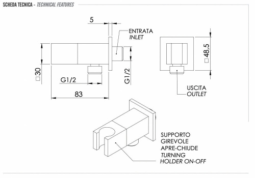 Держатель ручного душа с подключением и запорным вентелем Remer 338Q