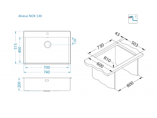 Мойка для кухни Alveus NOX 130 BRS 740x515x200 1149938