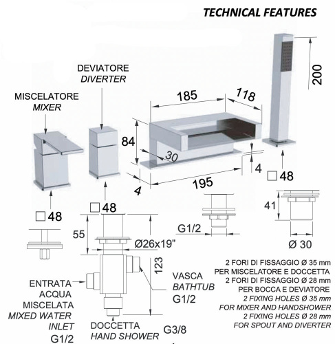 Смеситель для ванны Remer Qubika Cascata QC06BO, белый матовый