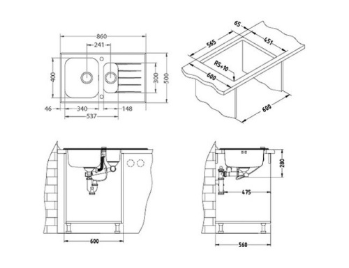 Мойка для кухни Alveus GLASSIX 10 RAL9005-90 (черный цвет) 860x500 1099450