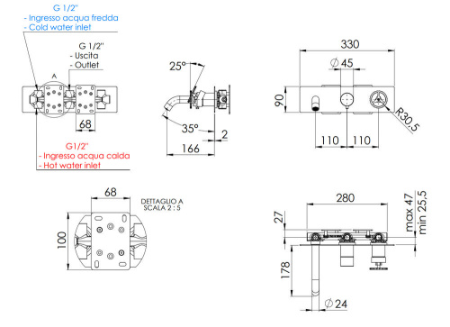 Смеситель для ванны Remer Chrono CH54D2