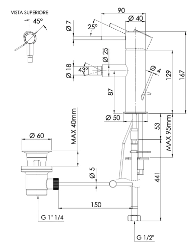 Смеситель для биде Mariani Next A16493NS12, нержавеющая сталь