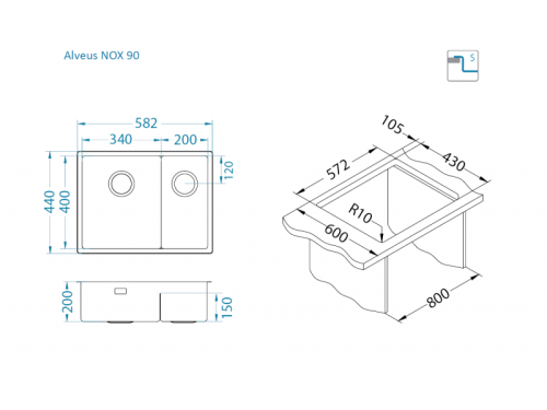 Мойка для кухни Alveus NOX 90L BRS 582x440x200 левая 1149934