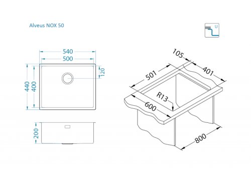 Мойка для кухни Alveus NOX 50 BRS 540x440x200 1149926