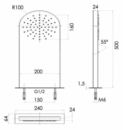 Верхний душ настенный 50x20 см Remer 350MMNOX, черный матовый