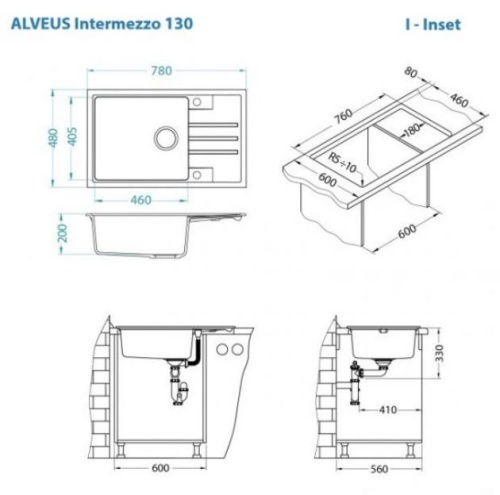 Мойка для кухни Alveus INTERMEZZO 130 Granital DEEP BLACK-G90 780x480x200 1149117