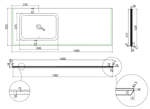 Столешница с интегрированной раковиной Vincea VWTB-4LX140QBG-L