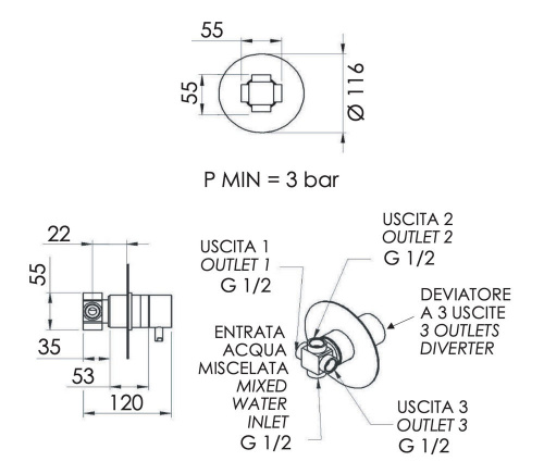 Дивертер на 3 выхода Remer X Style N93DEV3NO, черный матовый