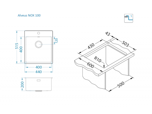 Мойка для кухни Alveus NOX 100 BRS 440x515x200 1149935